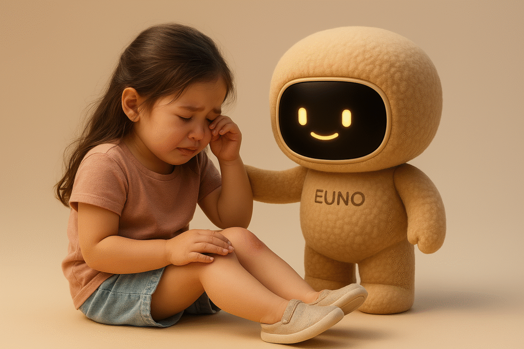 Euno réconforte une petite fille qui vient de tomber et s'est fait mal au genou