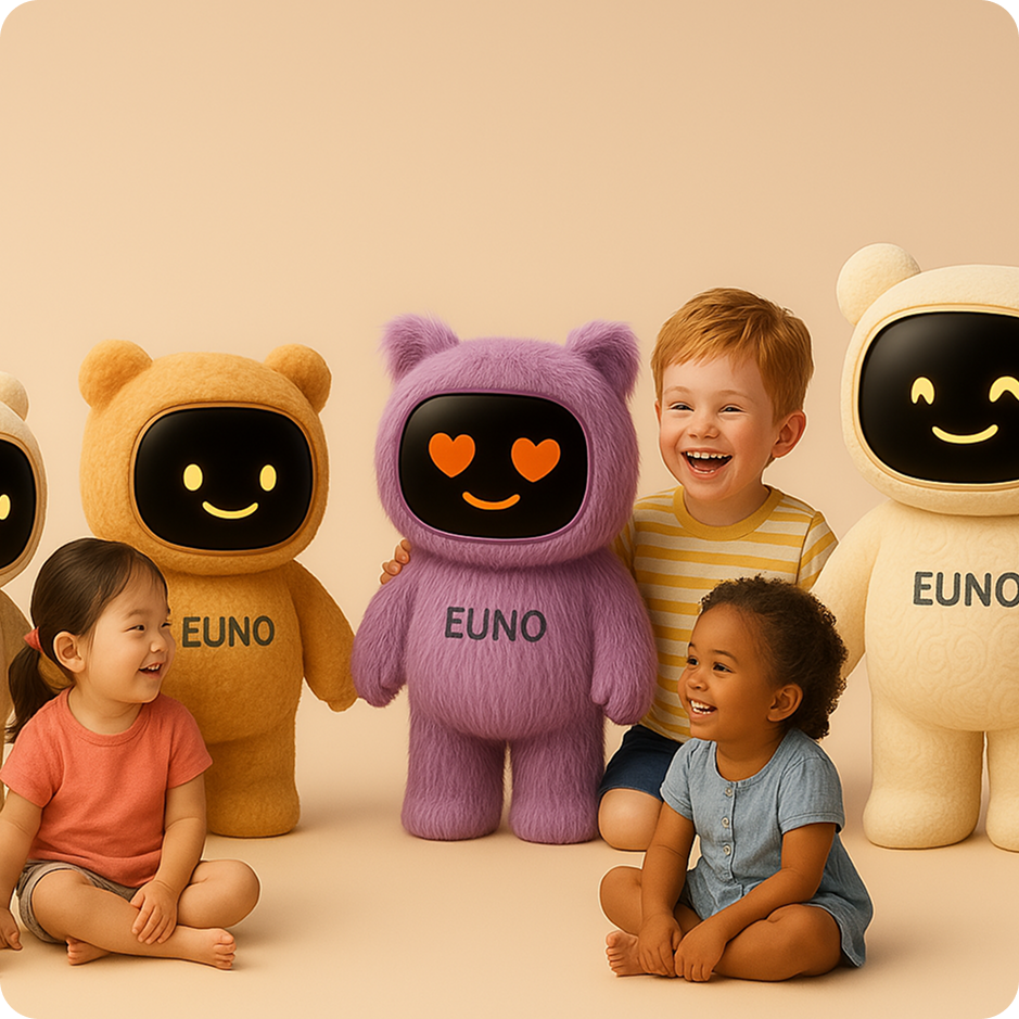 Euno accompagnés d'un groupe d’enfants, stimulant l’éveil social dès le plus jeune âge.