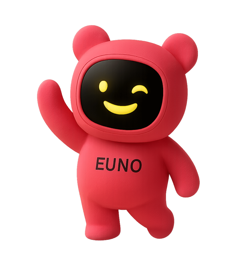 Euno salue avec un sourire lumineux : un vrai partenaire du quotidien.